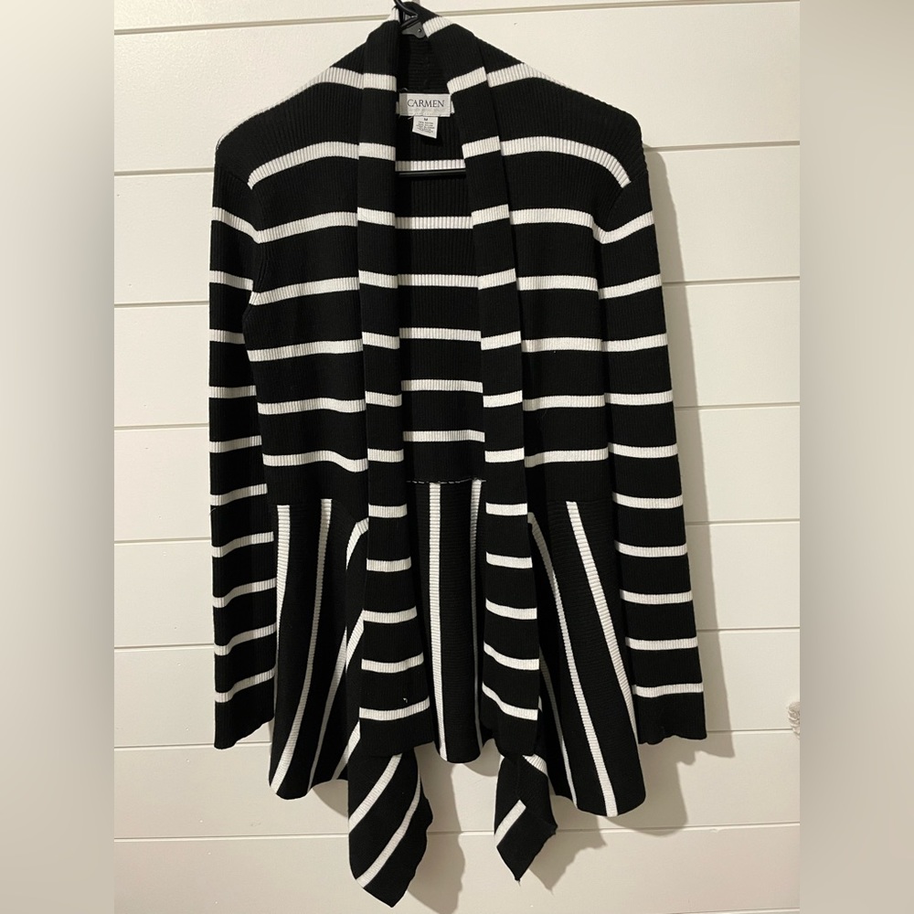Size Medium Stripe Black and White Cardigan Carmen Marc Valvo